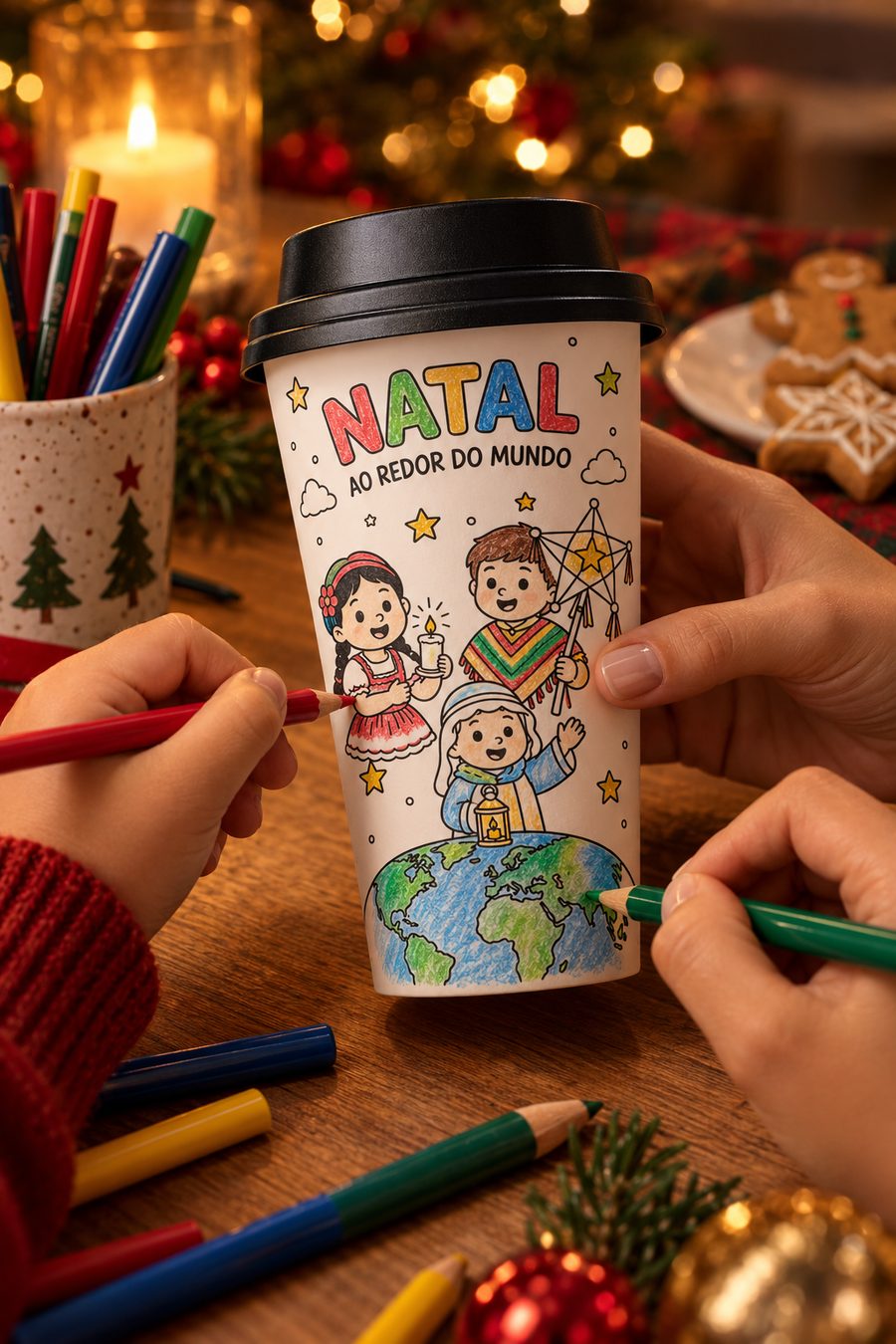 Mãos de um adulto e de uma criança pintando o copo com lápis de cor