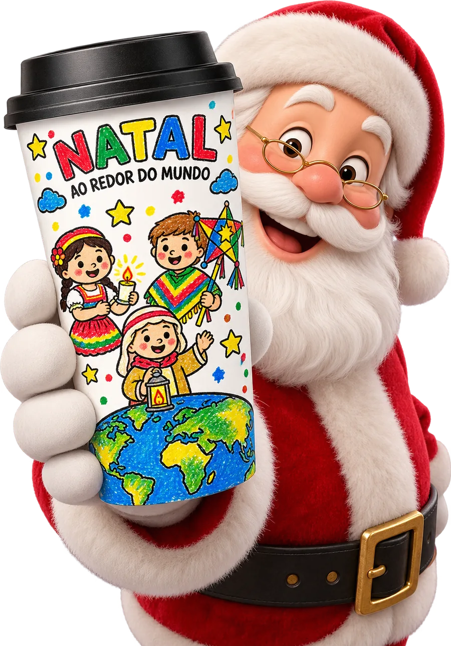 Papai Noel segurando o copo Natal ao Redor do Mundo pintado