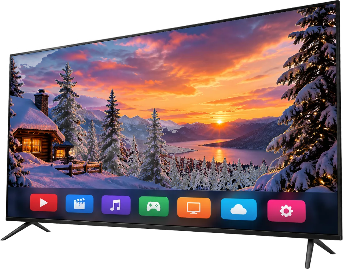 Smart TV de 50 polegadas com paisagem de neve na tela